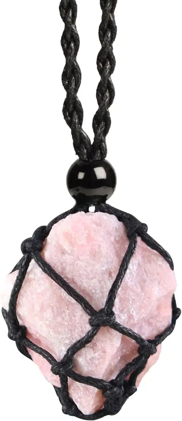 Natural Gemstone Crystal Necklace – Handwoven Stone Holder Adjustable Cord Pendant for Women & Men
