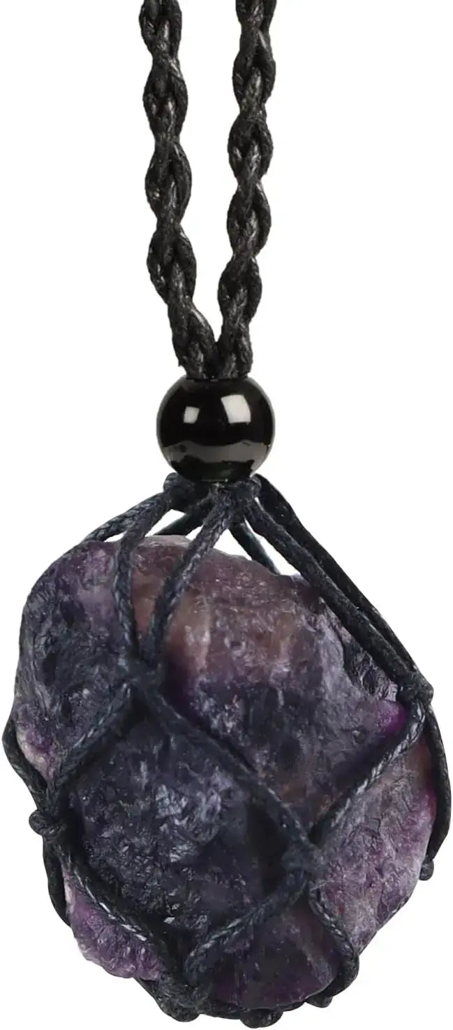 Natural Gemstone Crystal Necklace – Handwoven Stone Holder Adjustable Cord Pendant for Women & Men