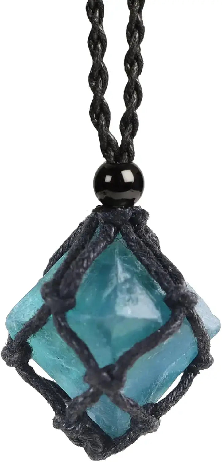 Natural Gemstone Crystal Necklace – Handwoven Stone Holder Adjustable Cord Pendant for Women & Men