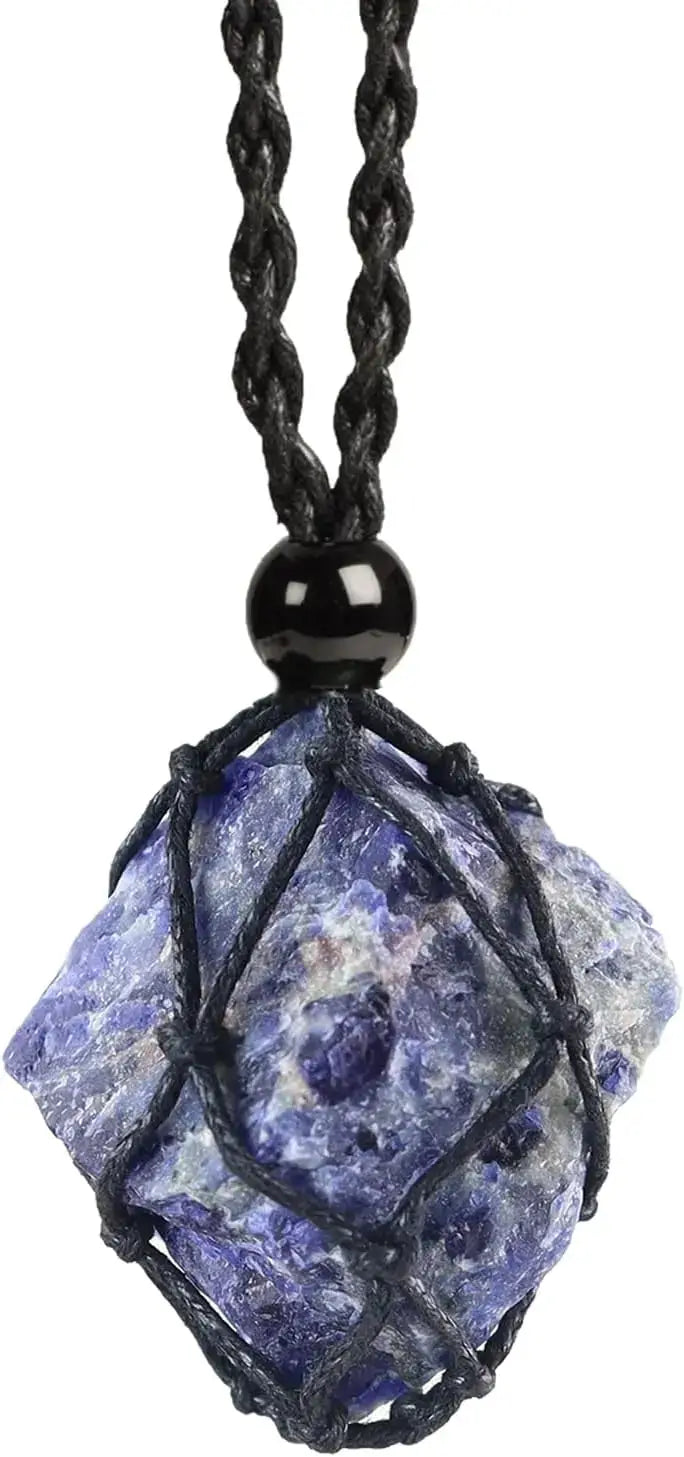 Natural Gemstone Crystal Necklace – Handwoven Stone Holder Adjustable Cord Pendant for Women & Men