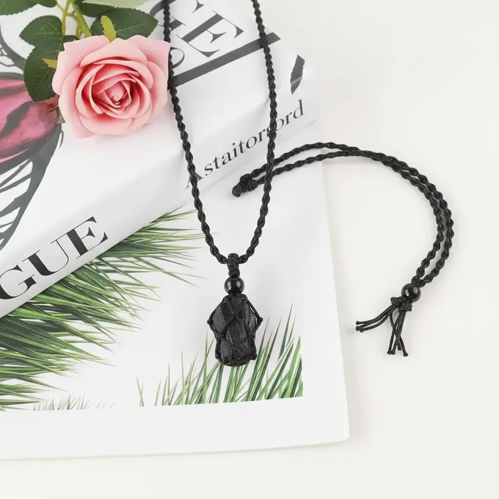 Natural Gemstone Crystal Necklace – Handwoven Stone Holder Adjustable Cord Pendant for Women & Men