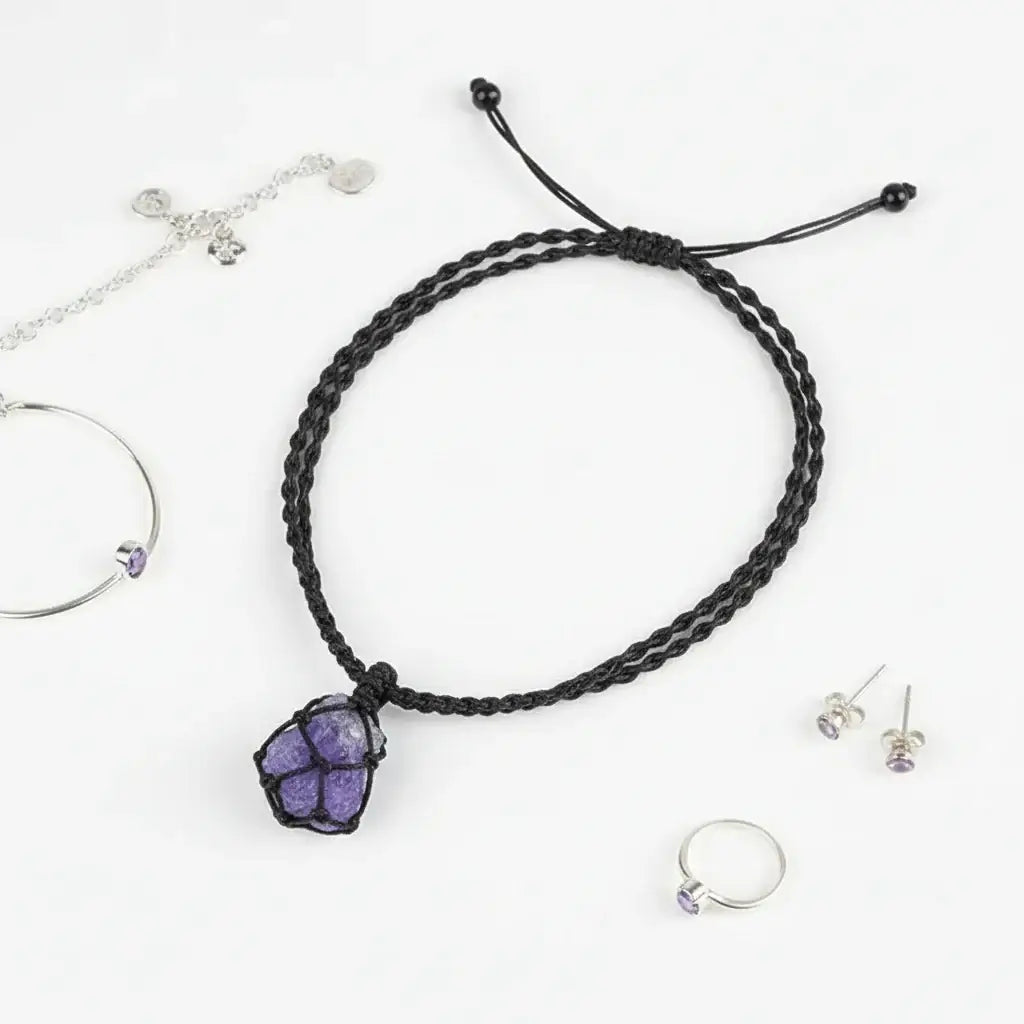 Natural Gemstone Crystal Necklace – Handwoven Stone Holder Adjustable Cord Pendant for Women & Men
