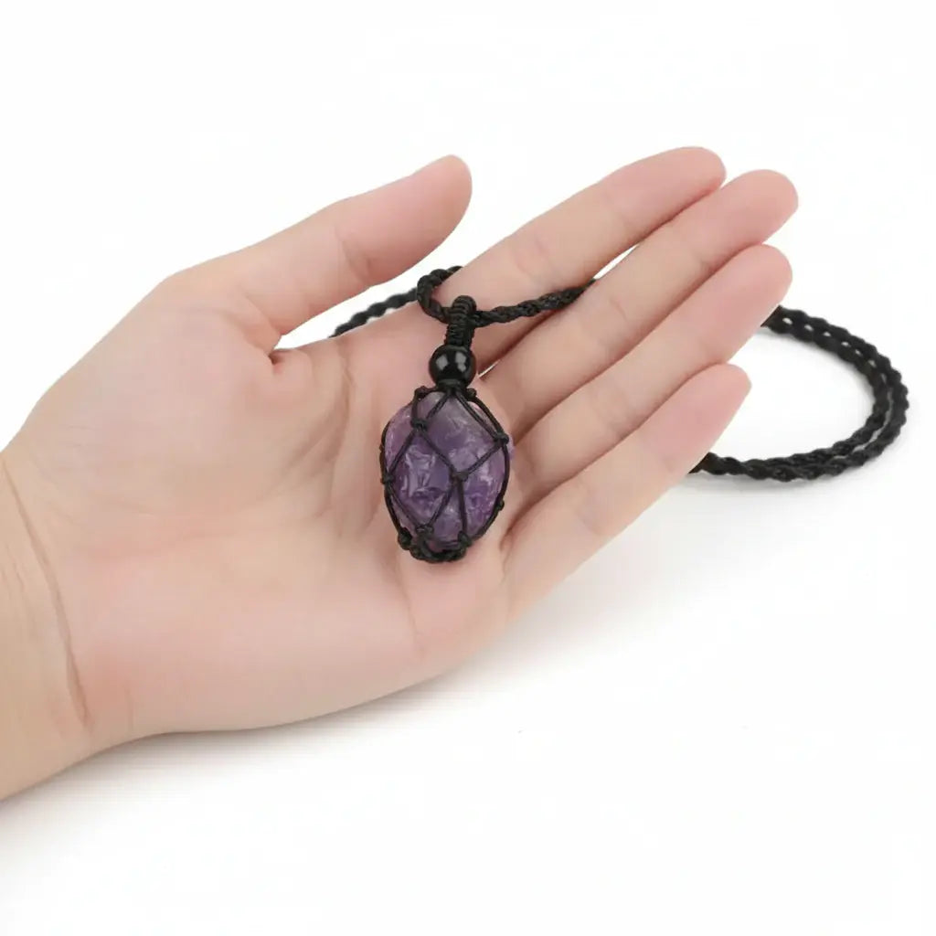 Natural Gemstone Crystal Necklace – Handwoven Stone Holder Adjustable Cord Pendant for Women & Men