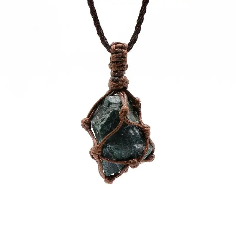 Natural Stone Mesh Pocket Necklace – Crystal Agate Handmade Adjustable Pendant Jewelry