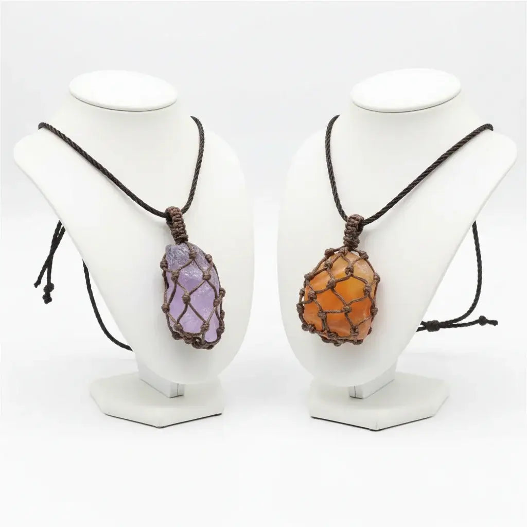 Natural Stone Mesh Pocket Necklace – Crystal Agate Handmade Adjustable Pendant Jewelry