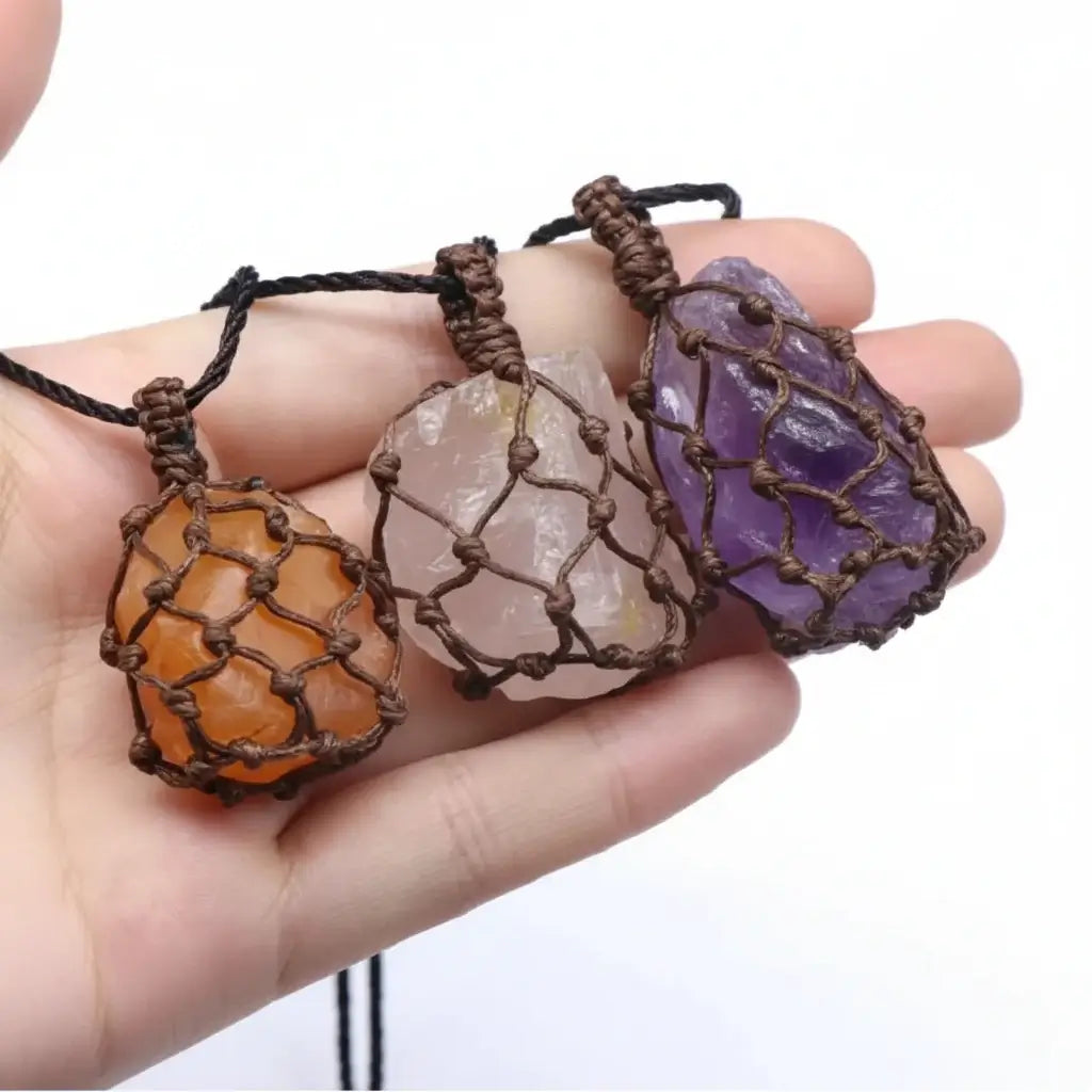Natural Stone Mesh Pocket Necklace – Crystal Agate Handmade Adjustable Pendant Jewelry