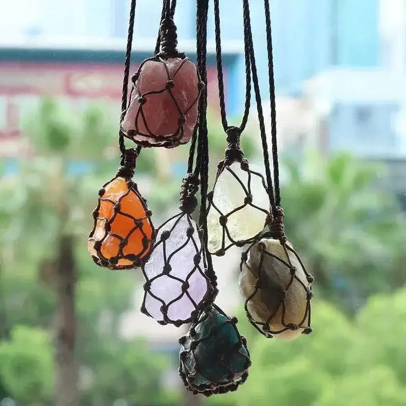Natural Stone Mesh Pocket Necklace – Crystal Agate Handmade Adjustable Pendant Jewelry