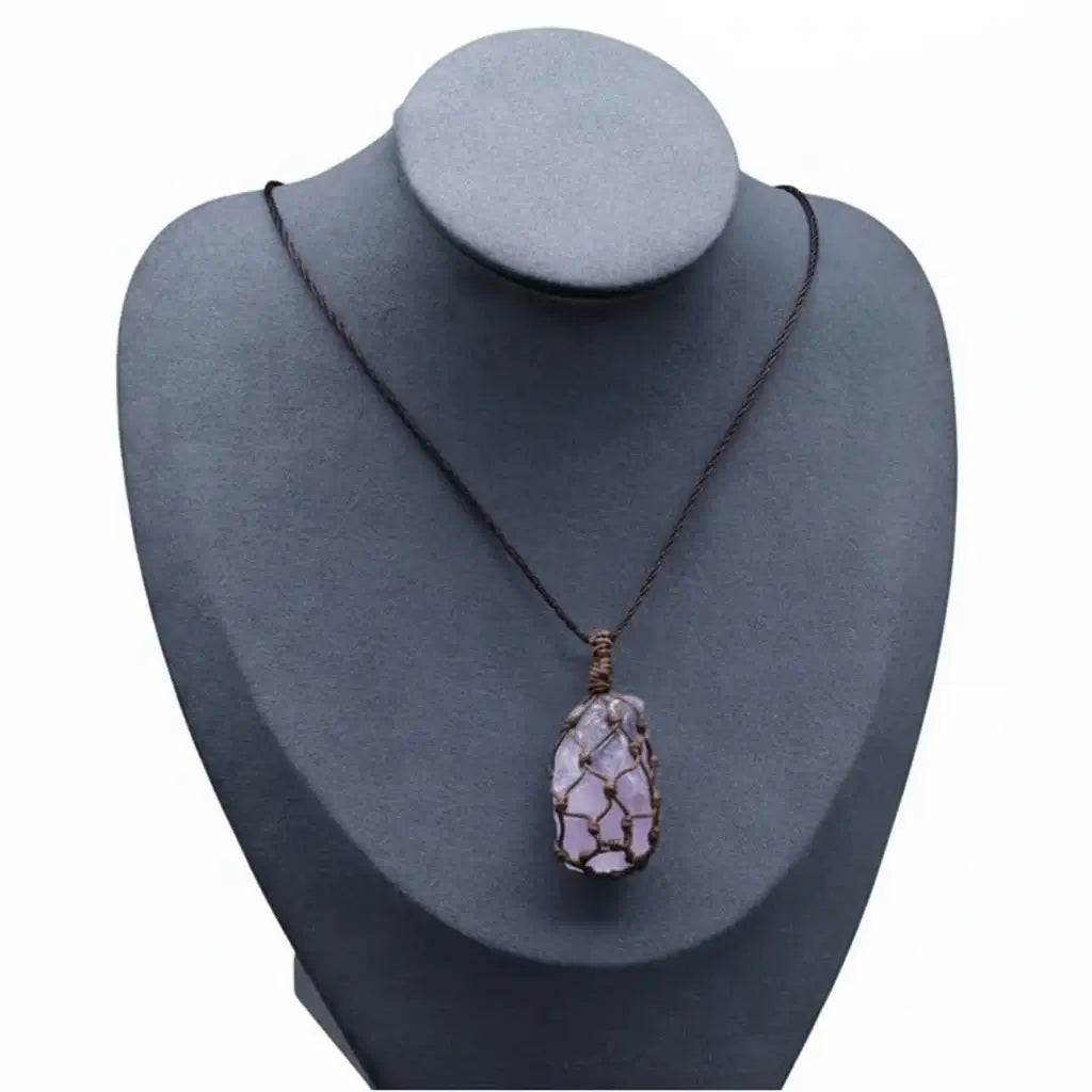 Natural Stone Mesh Pocket Necklace – Crystal Agate Handmade Adjustable Pendant Jewelry