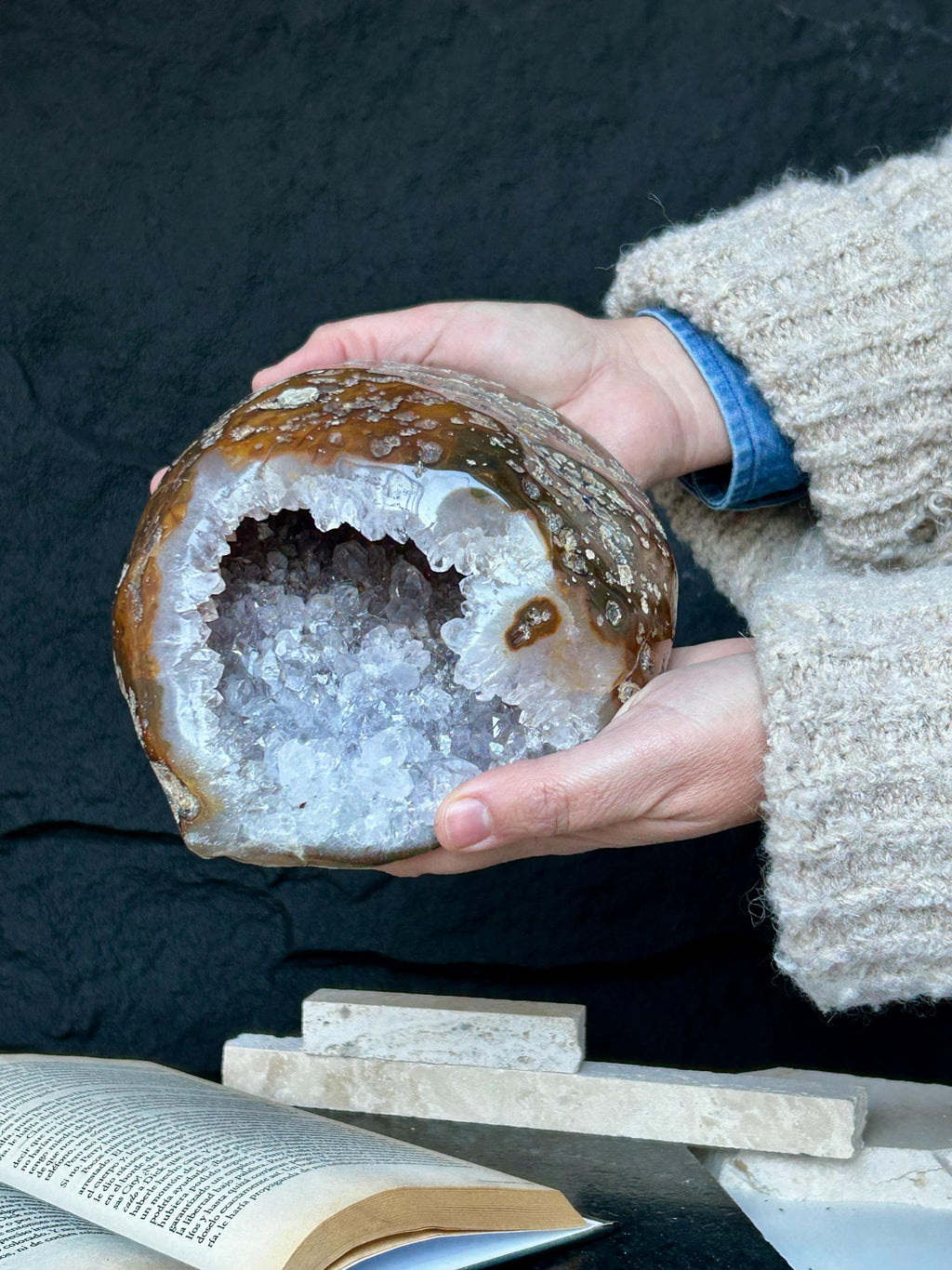 Natural Quartz Stone Geode, Flat Geode with Agate formations, Uruguayan Cave | Amethyst Geodes | Wiccan Center