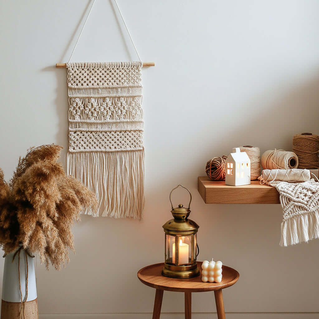Nordic Boho Woven Wall Hanging – Cotton Macrame Decor with Leaf & Crescent Design