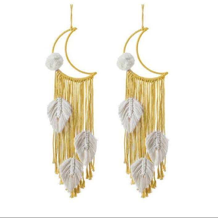 Nordic Boho Woven Wall Hanging – Cotton Macrame Decor with Leaf & Crescent Design