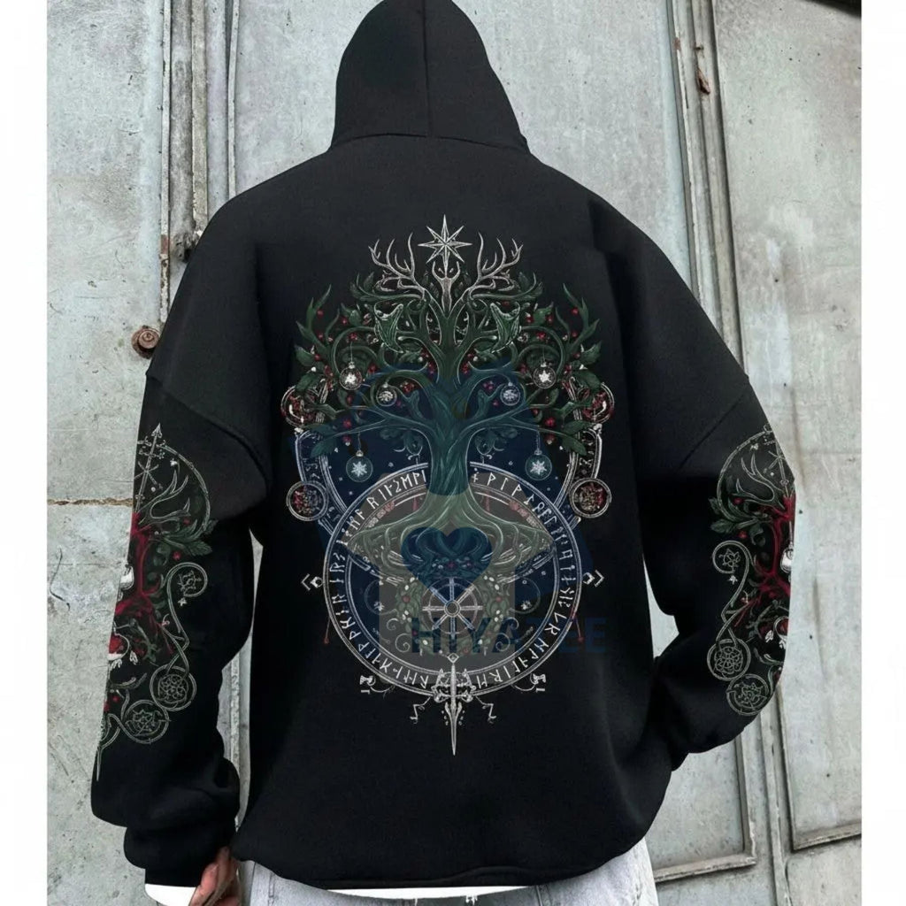 Nordic Gods Pullover Hoodie – Yggdrasil World Tree Back Design, Warm Fleece Sweater, Viking Mythology Apparel for Men