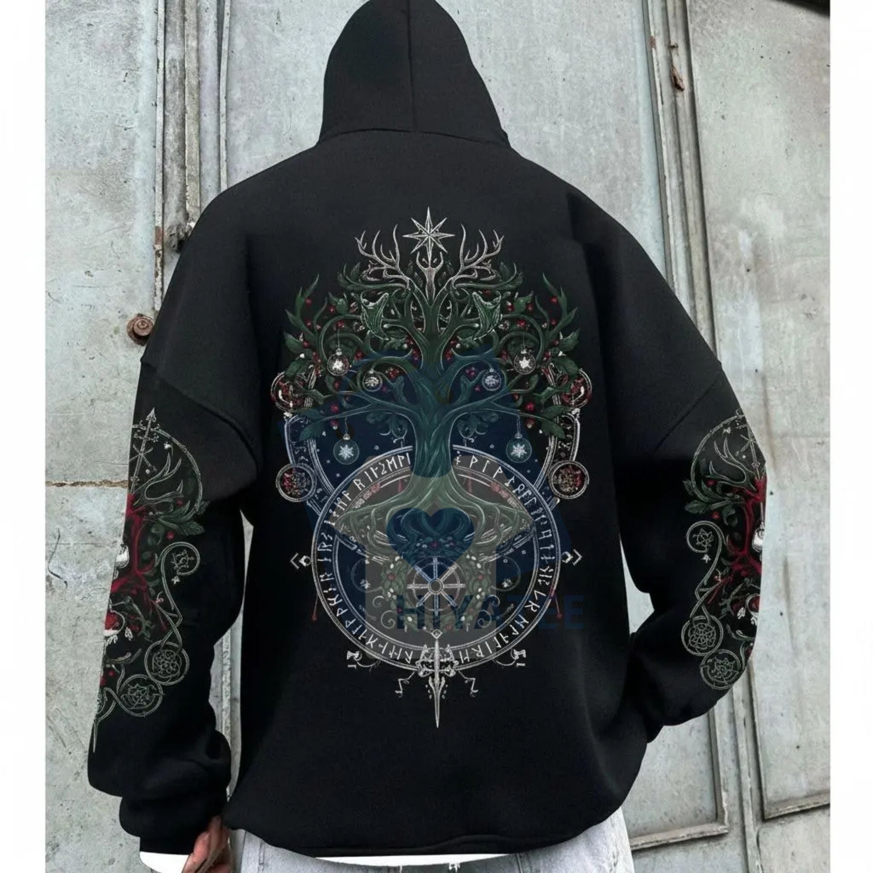 Nordic Gods Pullover Hoodie – Yggdrasil World Tree Back Design, Warm Fleece Sweater, Viking Mythology Apparel for Men