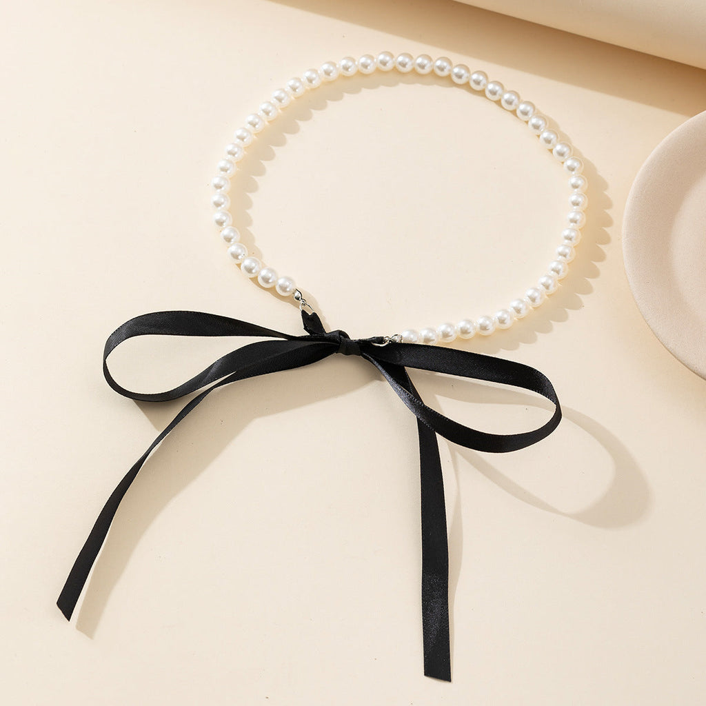 Long Bow Collarbone Chain Necklace DIY Lace up Velvet Pearl Necklace | necklace | Wiccan Center