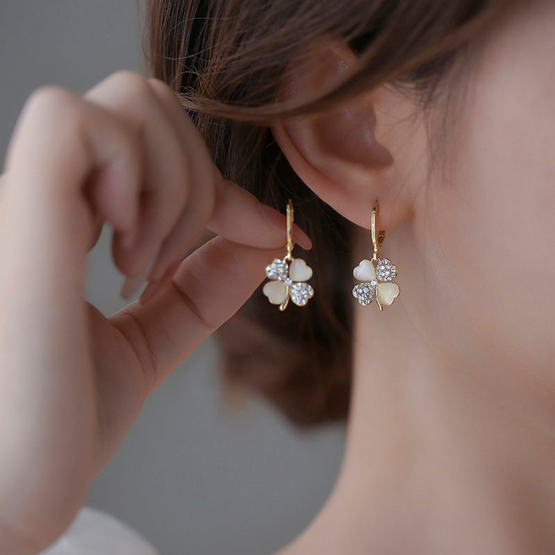 Crystal Rhinestone Four Clover Leaf Shaped Hoop Earrings | Earring | Wiccan Center