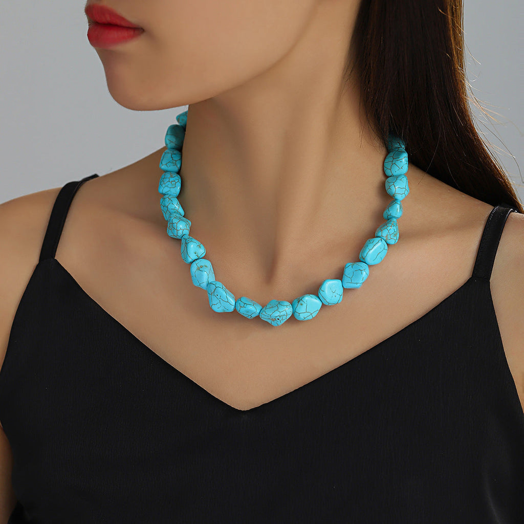 Vintage Turquoise Bracelet Irregular Beaded Necklace Elastic Bracelet Earrings Pendant Set | Necklace | Wiccan Center