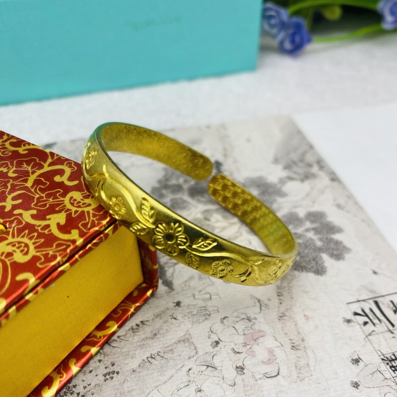 Women's Glossy Brass Open-ended Plum Blossom Dragon Phoenix Fu Bracelets | Bracelet | Wiccan Center