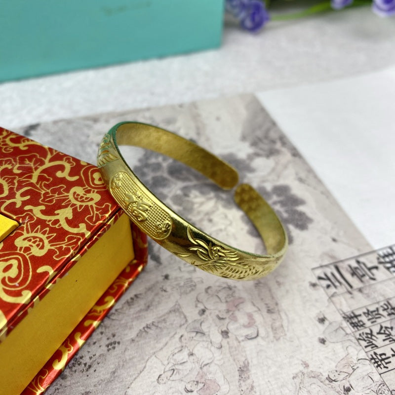 Women's Glossy Brass Open-ended Plum Blossom Dragon Phoenix Fu Bracelets