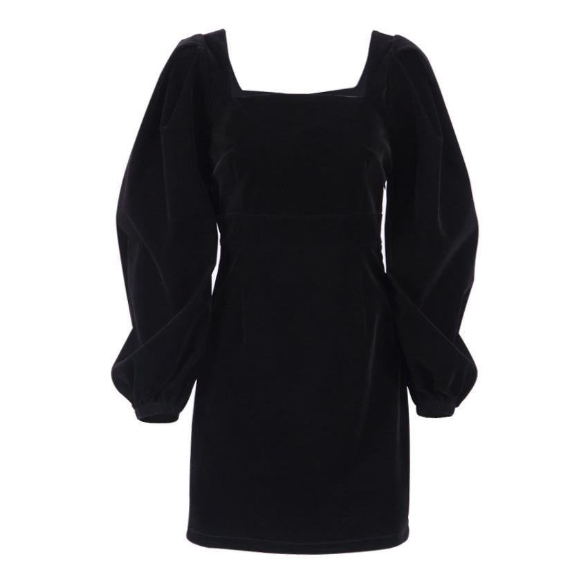 Autumn Winter Halloween Square Collar Black Long Pleuche Dress Women Clothing Hip Puff Sleeve
