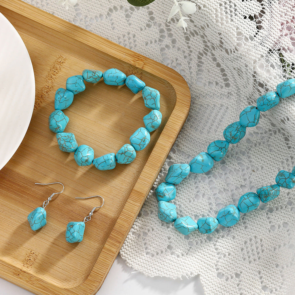 Vintage Turquoise Bracelet Irregular Beaded Necklace Elastic Bracelet Earrings Pendant Set | Necklace | Wiccan Center