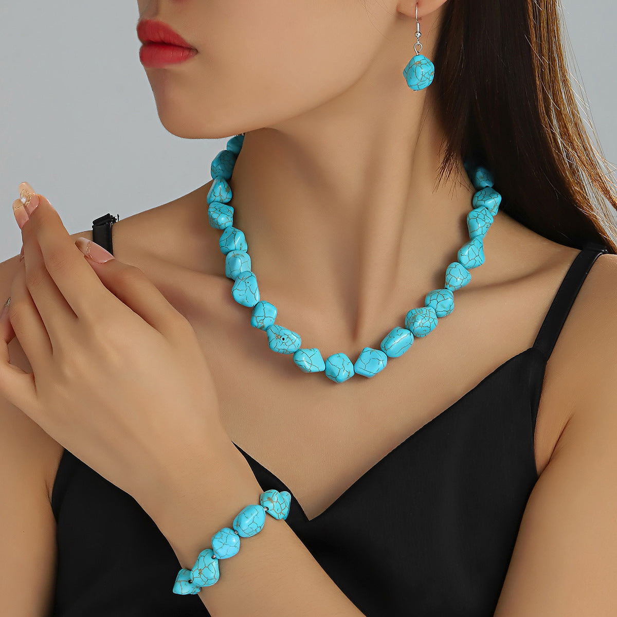 Vintage Turquoise Bracelet Irregular Beaded Necklace Elastic Bracelet Earrings Pendant Set | Necklace | Wiccan Center