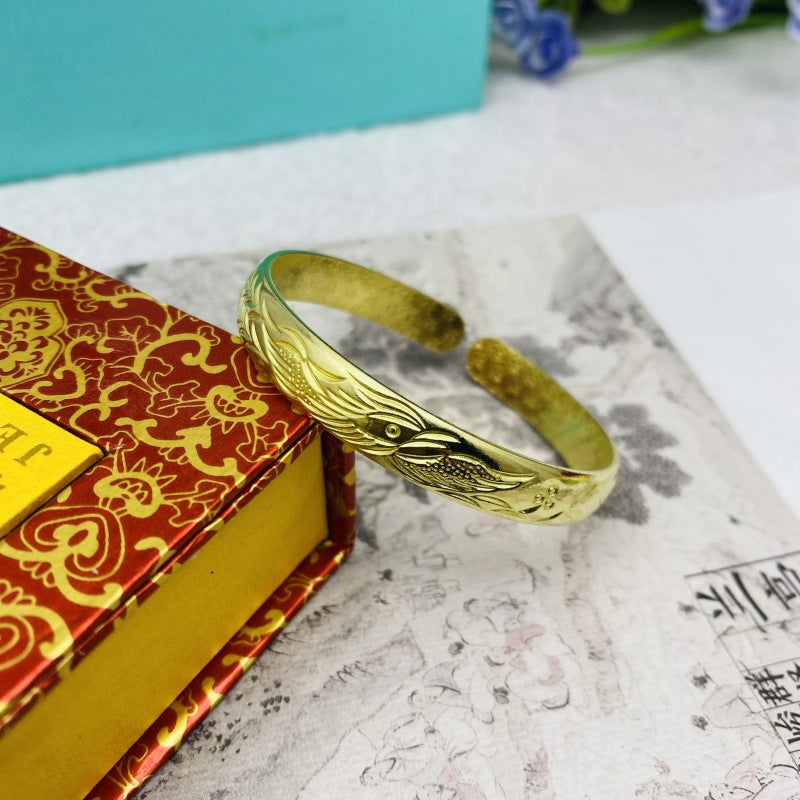 Women's Glossy Brass Open-ended Plum Blossom Dragon Phoenix Fu Bracelets | Bracelet | Wiccan Center