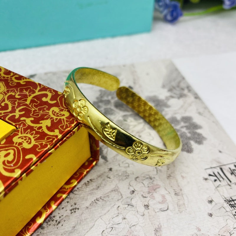 Women's Glossy Brass Open-ended Plum Blossom Dragon Phoenix Fu Bracelets | Bracelet | Wiccan Center