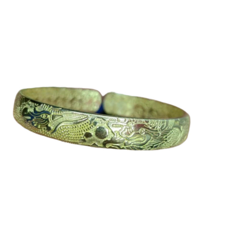 Women's Glossy Brass Open-ended Plum Blossom Dragon Phoenix Fu Bracelets