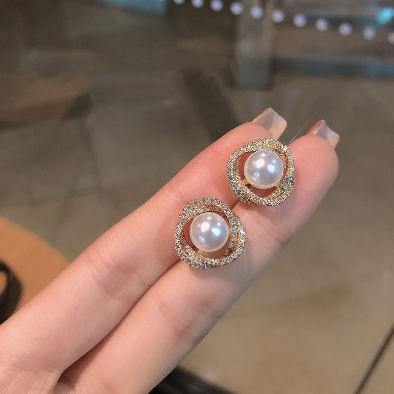 Round Crystal Rhinestone Pearl Stud Earrings | Earring | Wiccan Center