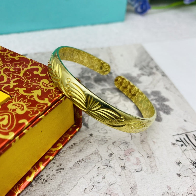 Women's Glossy Brass Open-ended Plum Blossom Dragon Phoenix Fu Bracelets | Bracelet | Wiccan Center