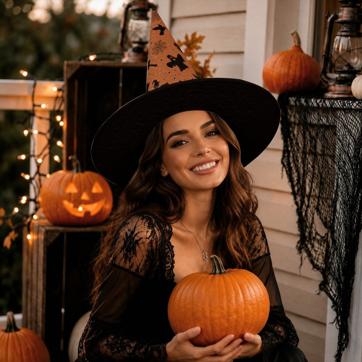 Personalized Halloween Witch Hat with Custom Name – Orange Halloween Pattern Costume Hat for Adults & Teens | Hats | Wiccan Center