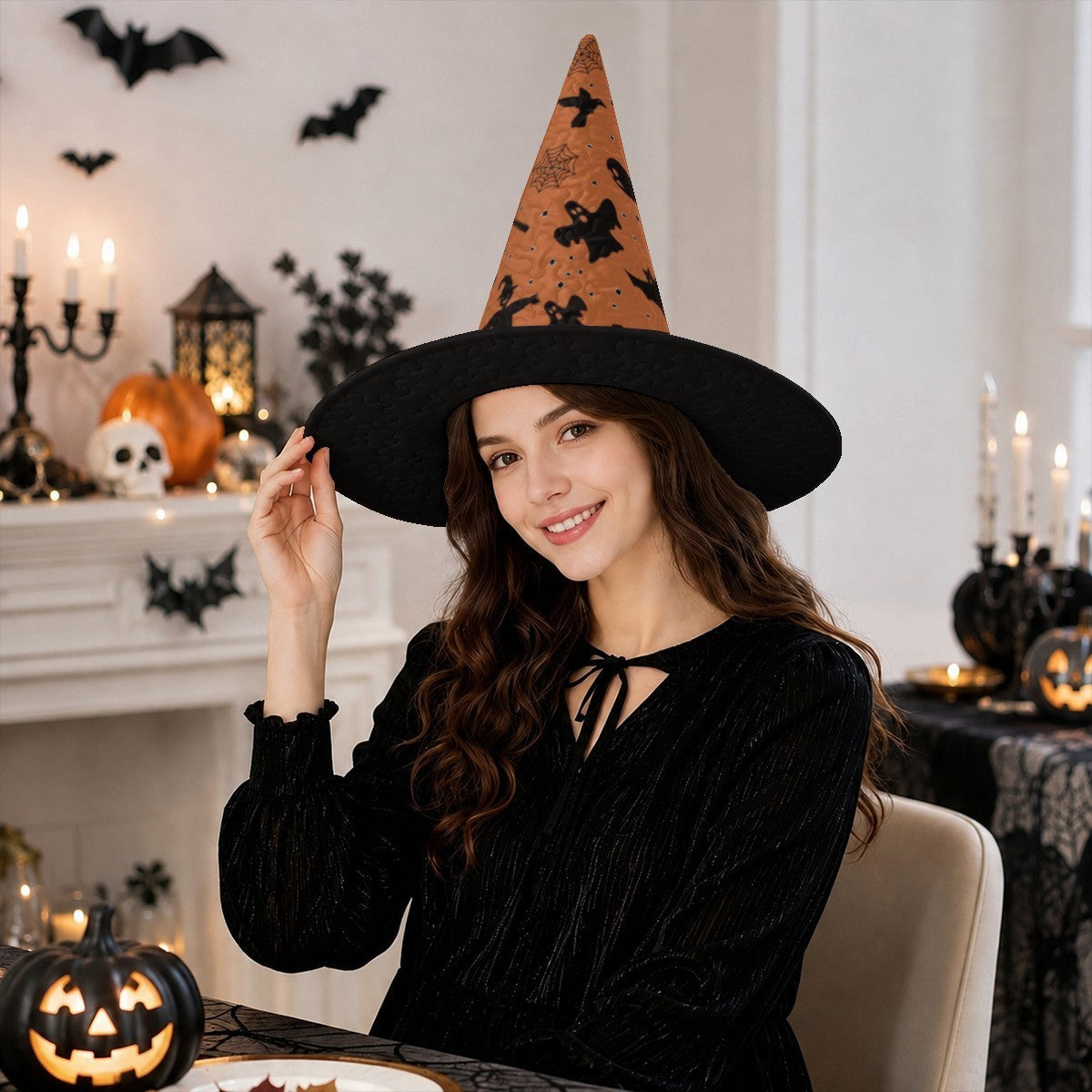 Personalized Halloween Witch Hat with Custom Name – Orange Halloween Pattern Costume Hat for Adults & Teens | Hats | Wiccan Center