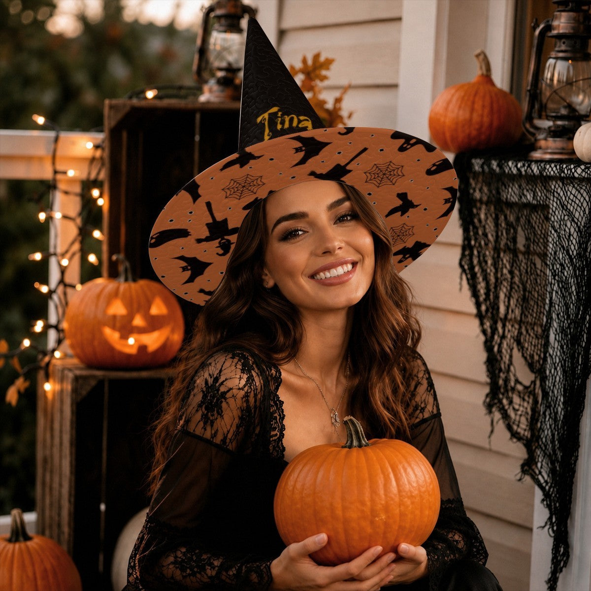 Personalized Halloween Witch Hat with Custom Name - Flying Witches Ghosts and Spider Webs Orange Brim Costume Hat for Adults and Teens | Hats | Wiccan Center