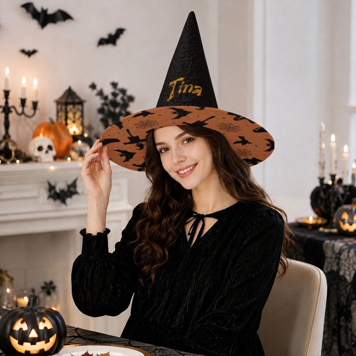 Personalized Halloween Witch Hat with Custom Name - Flying Witches Ghosts and Spider Webs Orange Brim Costume Hat for Adults and Teens | Hats | Wiccan Center
