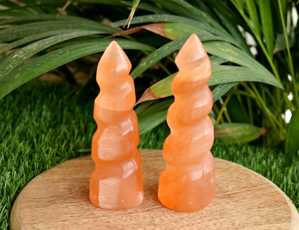 Orange Selenite Spiral Towers, Natural 4" Colored Crystal Swirl Point | | Wiccan Center