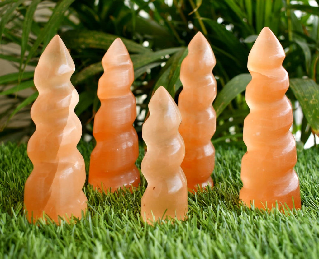 Orange Selenite Spiral Towers, Natural 4" Colored Crystal Swirl Point | | Wiccan Center