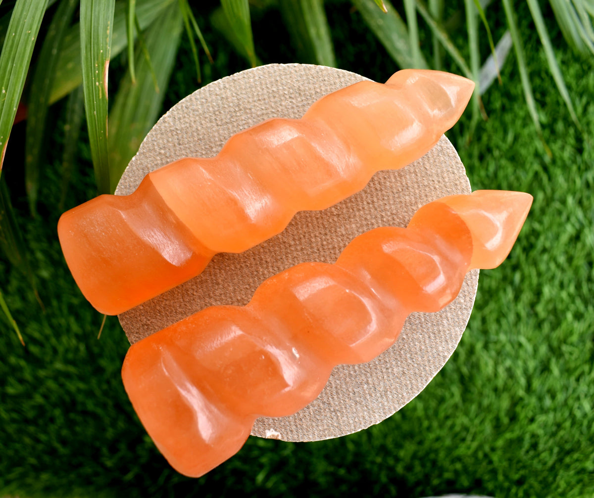 Orange Selenite Spiral Towers, Natural 4" Colored Crystal Swirl Point | | Wiccan Center