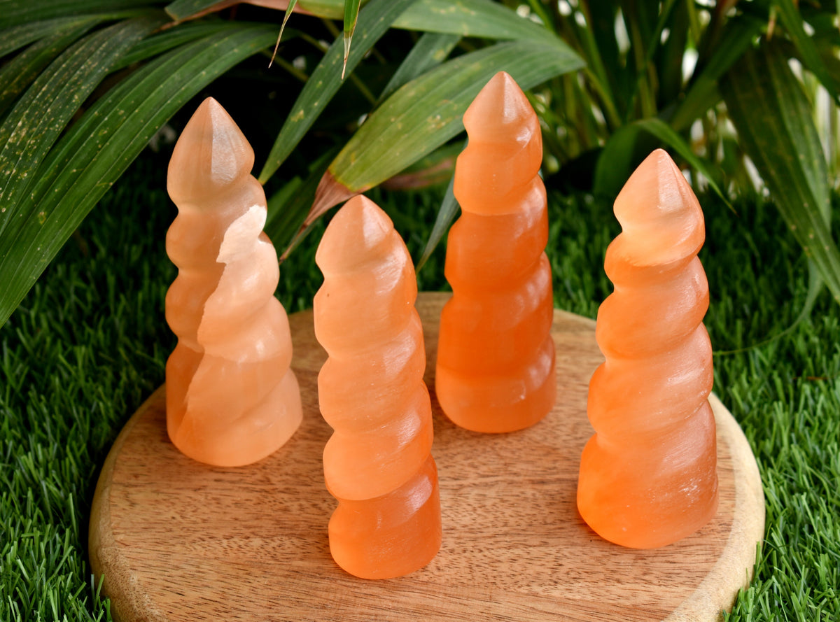 Orange Selenite Spiral Towers, Natural 4" Colored Crystal Swirl Point | | Wiccan Center