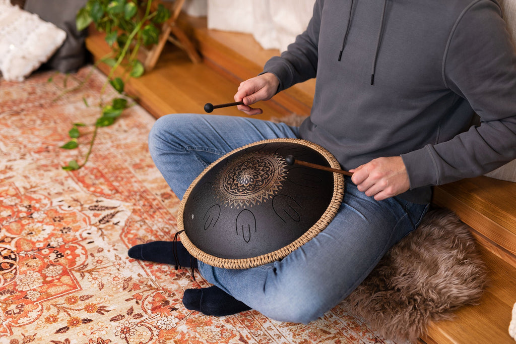 16" Octave Steel Tongue Drum, D Kurd, Lasered Floral Design, Black | | Wiccan Center
