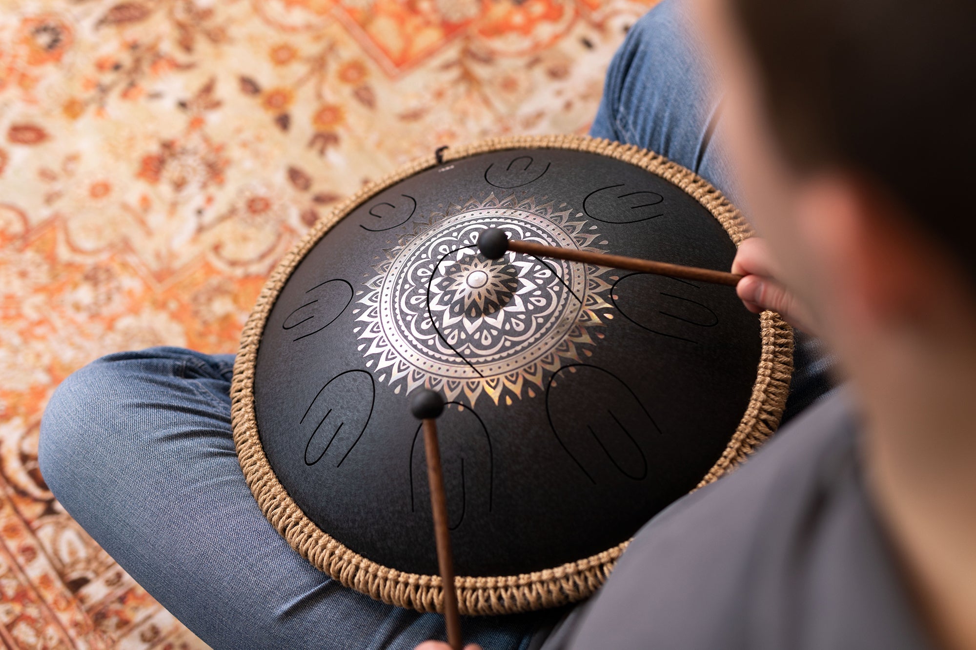 16" Octave Steel Tongue Drum, D Kurd, Lasered Floral Design, Black | | Wiccan Center