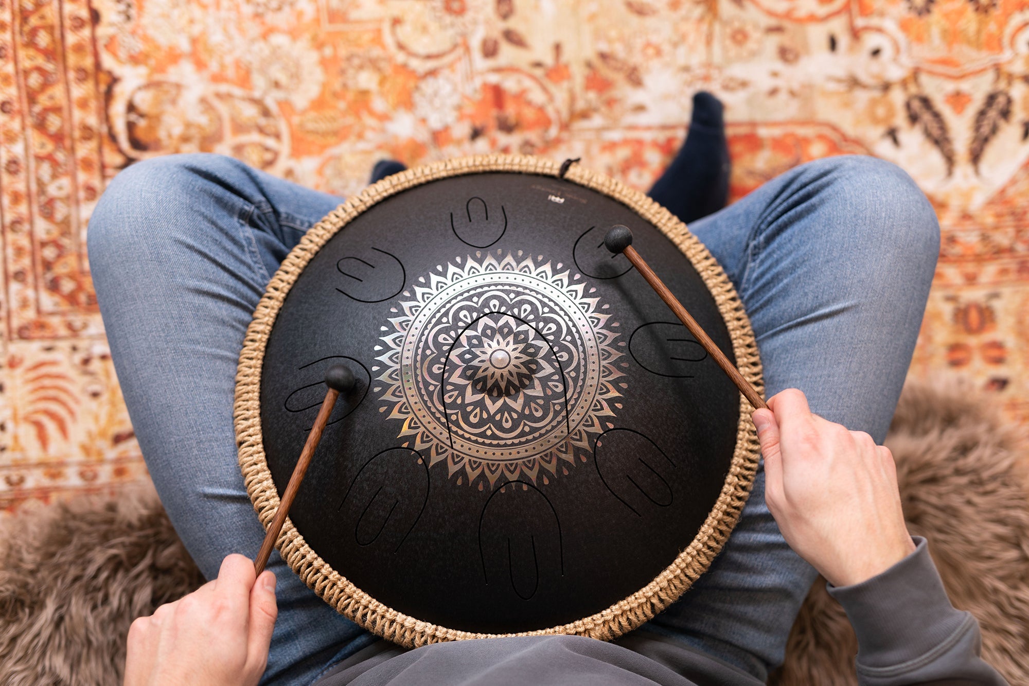 16" Octave Steel Tongue Drum, D Kurd, Lasered Floral Design, Black | | Wiccan Center