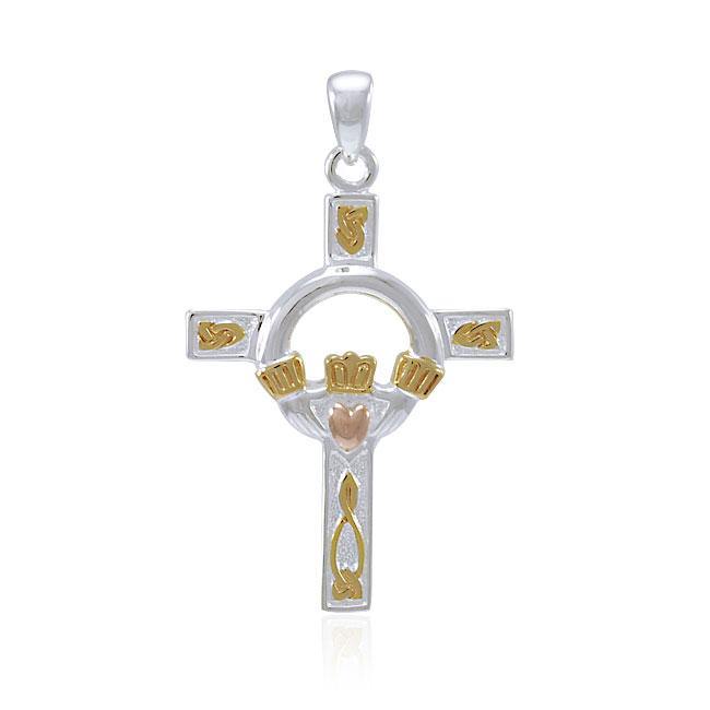 Claddagh on Celtic Knotwork Cross Three Tone Pendant OTP832