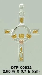 Claddagh on Celtic Knotwork Cross Three Tone Pendant OTP832