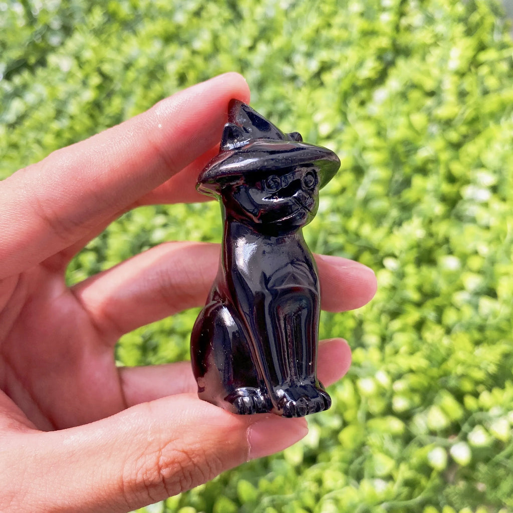 Obsidian Cat Witch Hat Statue | crystal | Wiccan Center
