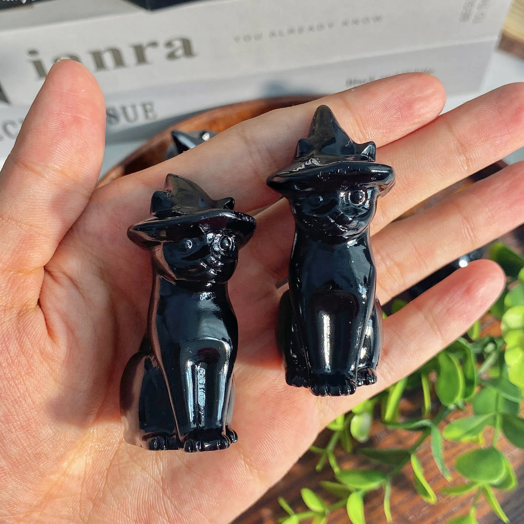 Obsidian Cat Witch Hat Statue | crystal | Wiccan Center