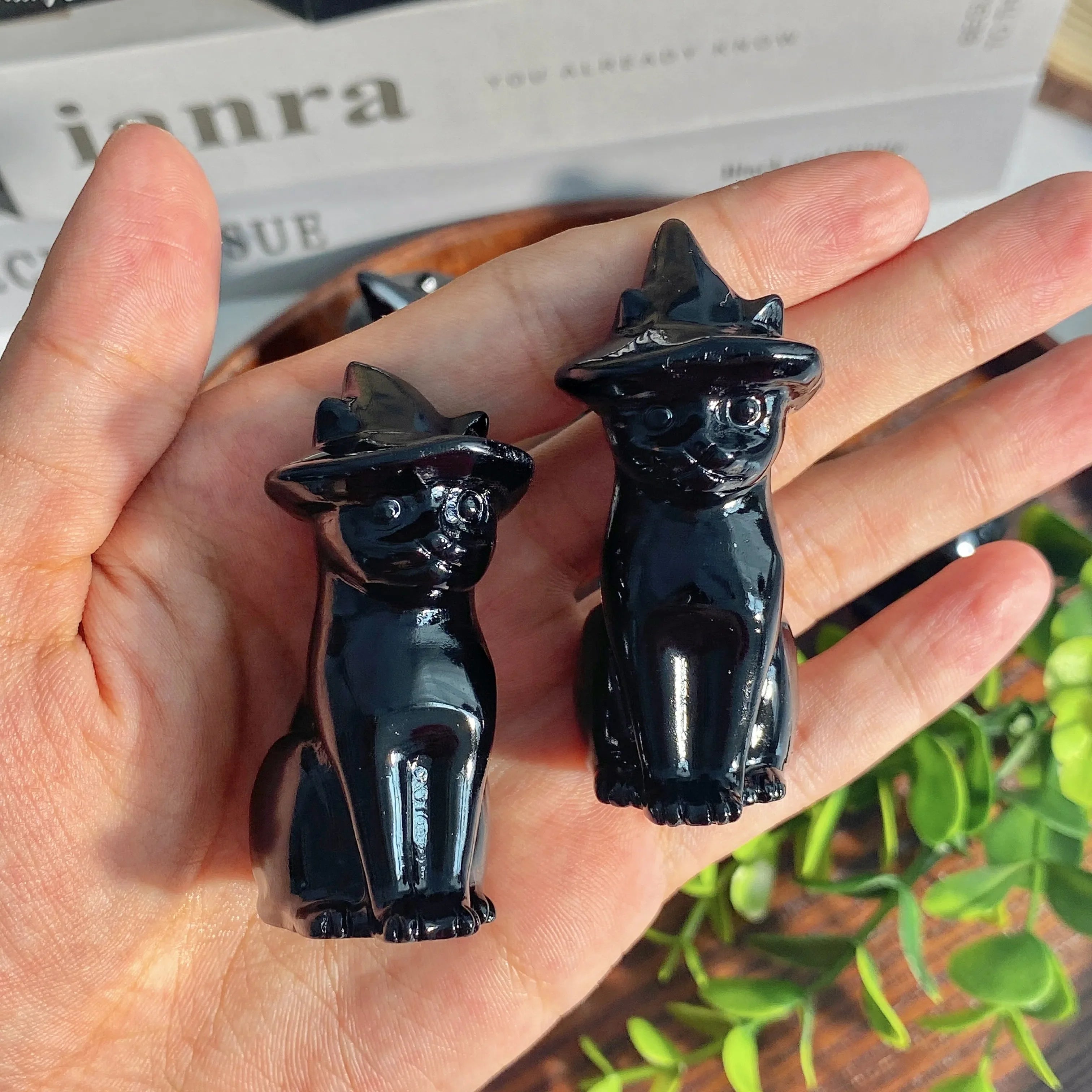 Obsidian Cat Witch Hat Statue | crystal | Wiccan Center