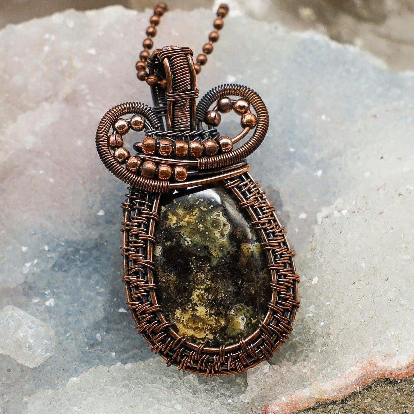 Ocean Jasper Wire Wrap Pendant 2.75 Inch