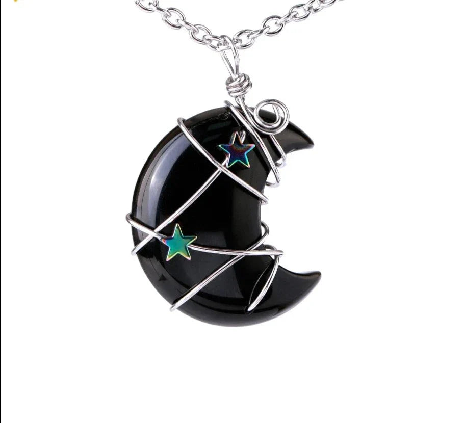 Crystal Crescent Moon and Star Silver Necklace | necklace | Wiccan Center