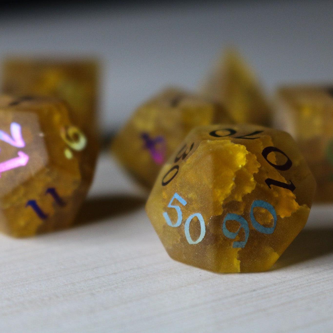 Orange Halloween Pumpkin Inked Lightning Cracked Glass DND Dice Set | Gemstone Dice | Wiccan Center