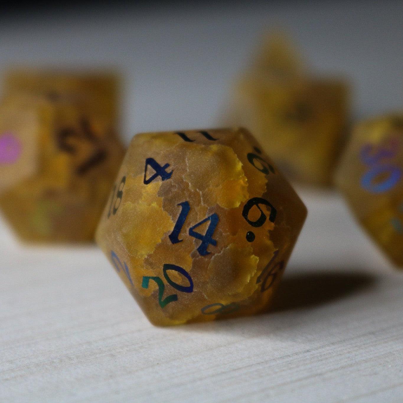 Orange Halloween Pumpkin Inked Lightning Cracked Glass DND Dice Set | Gemstone Dice | Wiccan Center
